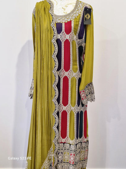Embroidered Mustard Chinon Suit Set (Plus Size)