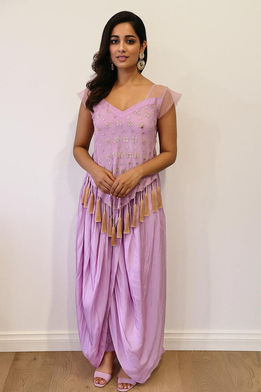 Lavender Indo Western Drape Dhoti Skirt with Embroidered Peplum Top  Size 38-40
