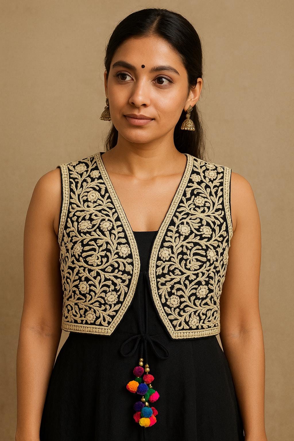 Black Cotton Banjara Style Embroidered Jacket with Multicolor Tassels Size 36