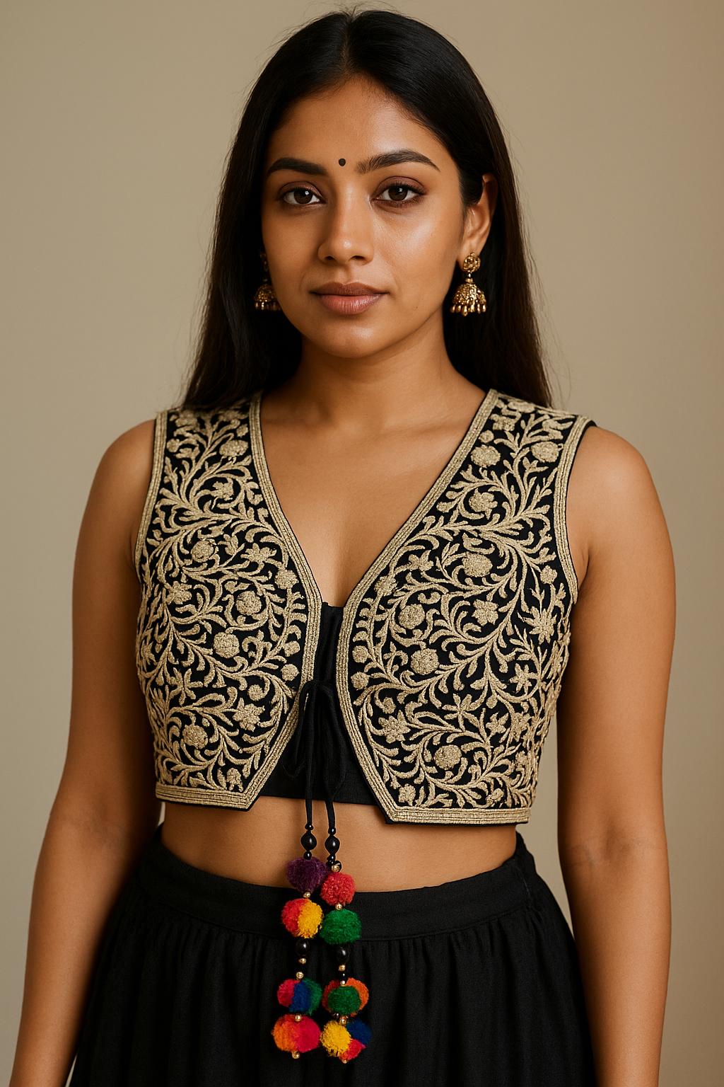 Black Cotton Banjara Style Embroidered Jacket with Multicolor Tassels Size 36