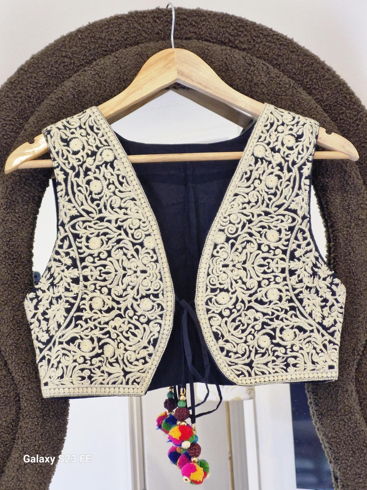 Black Cotton Banjara Style Embroidered Jacket with Multicolor Tassels Size 36