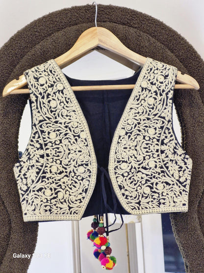 Black Cotton Banjara Style Embroidered Jacket with Multicolor Tassels Size 36