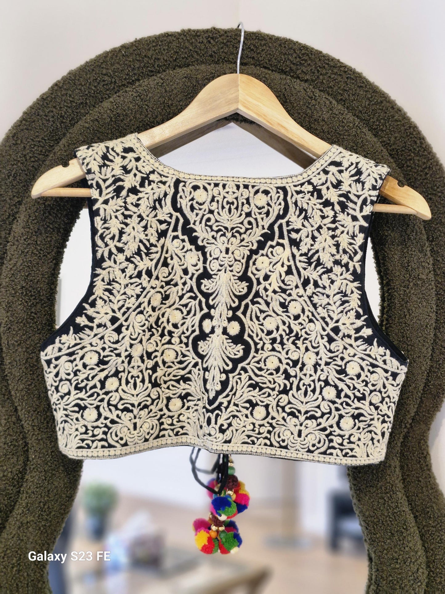 Black Cotton Banjara Style Embroidered Jacket with Multicolor Tassels Size 36