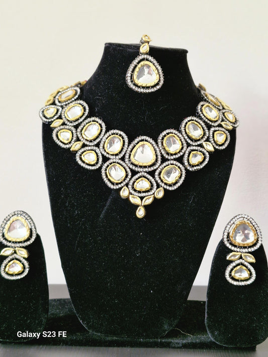 Gold & Silver Polki Kundan Choker Necklace Set