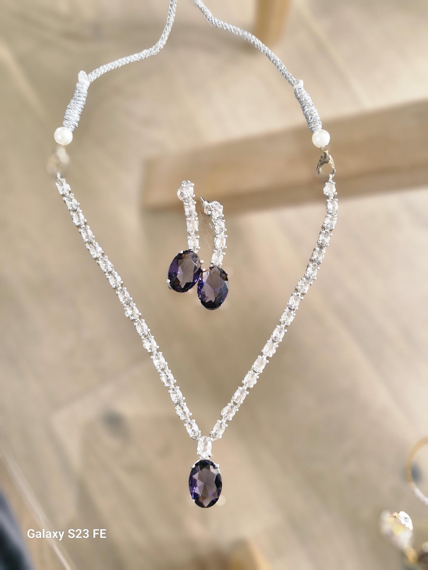 Purple Stone Pendant Necklace with Matching Earrings
