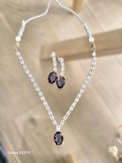 Purple Stone Pendant Necklace with Matching Earrings