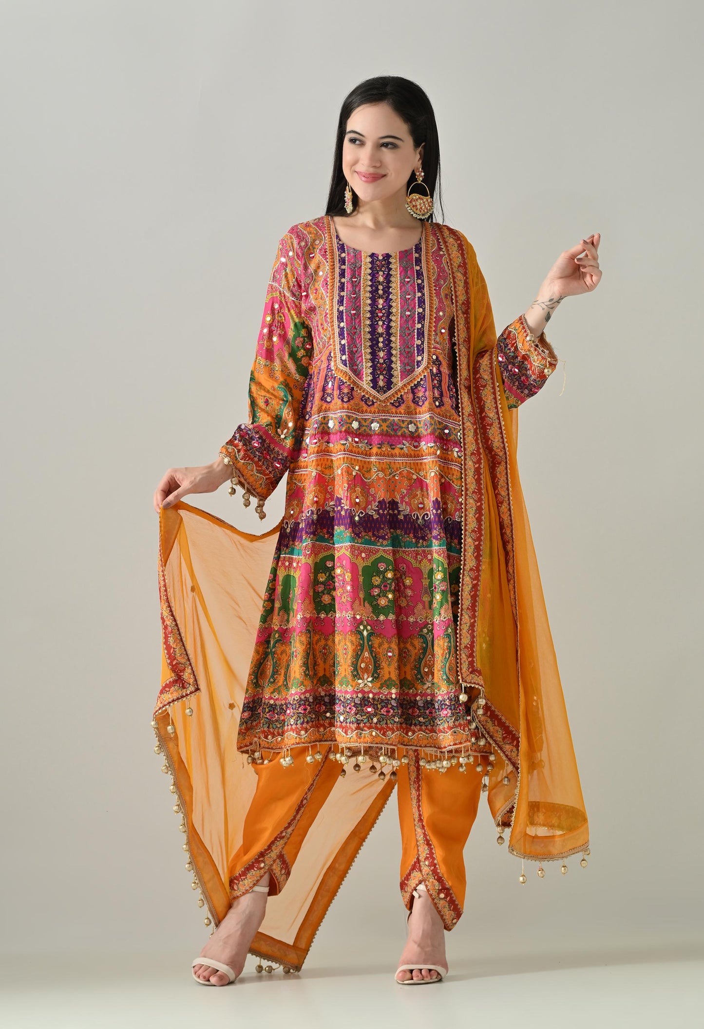 Bright Orange Suit with Tulip Pants & Dupatta  Size 40
