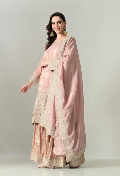 Dusty Pink Silk Suit with Handwork Cutwork & Brocade Sharara