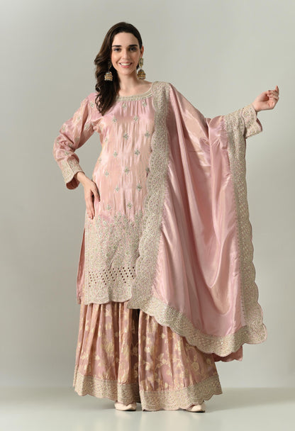 Dusty Pink Silk Suit with Handwork Cutwork & Brocade Sharara