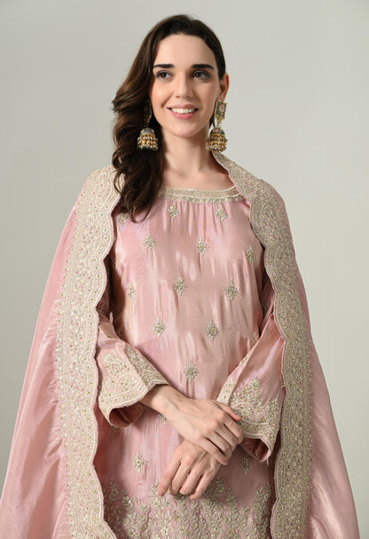 Dusty Pink Silk Suit with Handwork Cutwork & Brocade Sharara