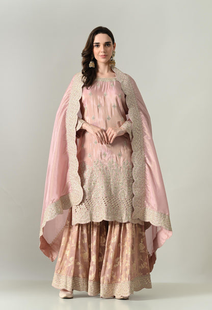 Dusty Pink Silk Suit with Handwork Cutwork & Brocade Sharara