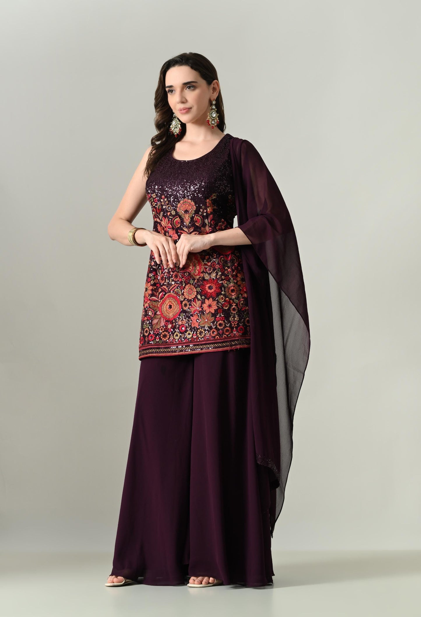 Glamour in Wine: Sequin Statement Georgette Plazo Suit | XL Size | Party Wear Ethnic Set