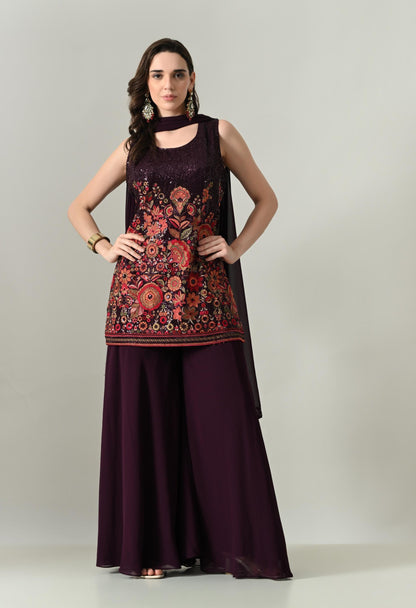 Glamour in Wine: Sequin Statement Georgette Plazo Suit | XL Size | Party Wear Ethnic Set
