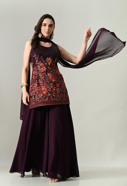 Glamour in Wine: Sequin Statement Georgette Plazo Suit | XL Size | Party Wear Ethnic Set