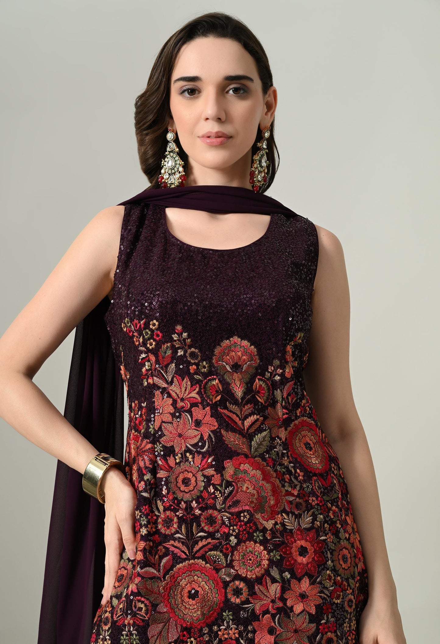 Glamour in Wine: Sequin Statement Georgette Plazo Suit | XL Size | Party Wear Ethnic Set