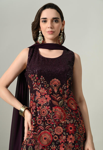 Glamour in Wine: Sequin Statement Georgette Plazo Suit | XL Size | Party Wear Ethnic Set