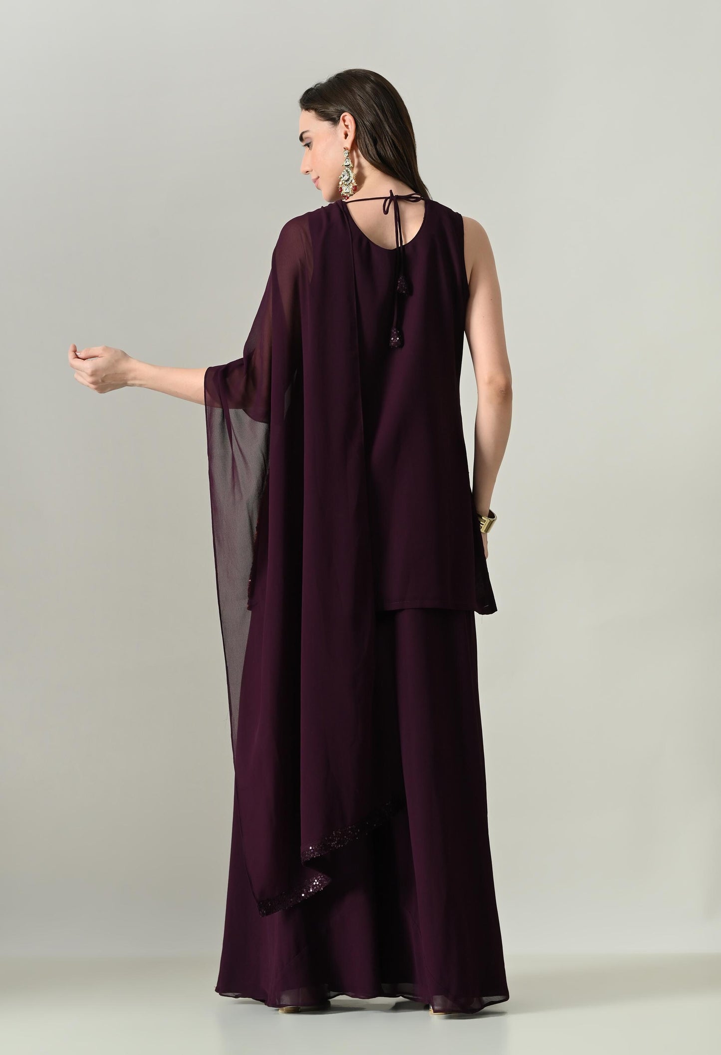 Glamour in Wine: Sequin Statement Georgette Plazo Suit | XL Size | Party Wear Ethnic Set
