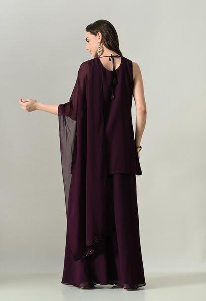Glamour in Wine: Sequin Statement Georgette Plazo Suit | XL Size | Party Wear Ethnic Set