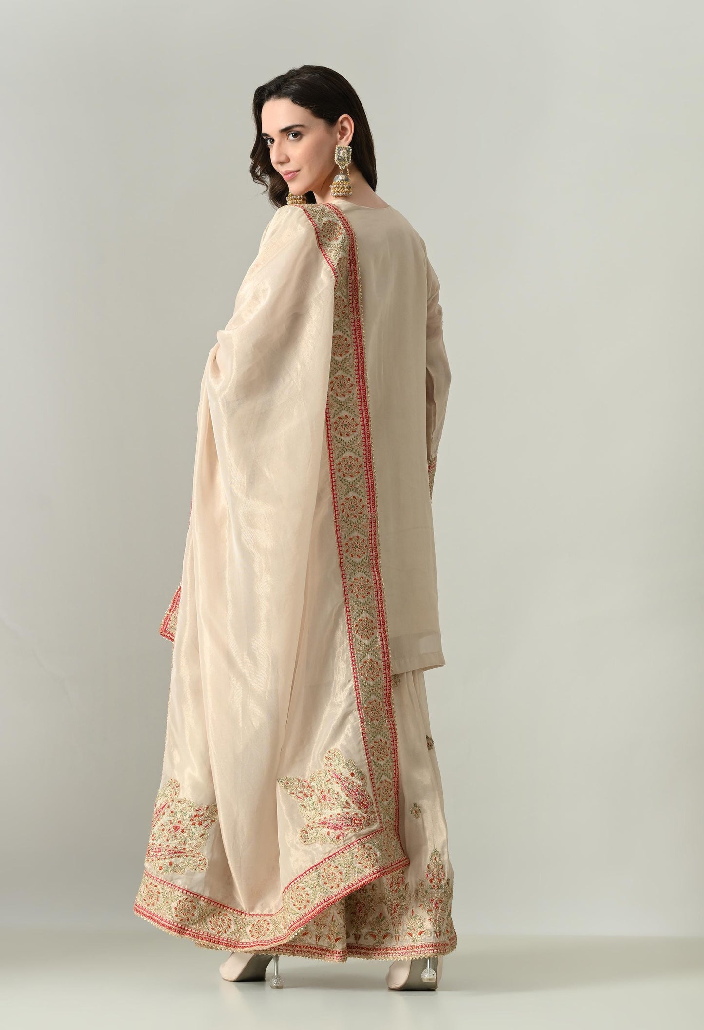 Golden Ivory Tissue Silk Embroidered Suit with Sharara & Dupatta | Size 44