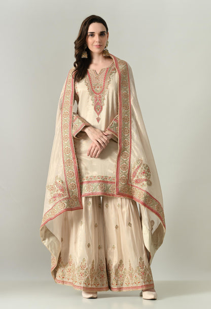 Golden Ivory Tissue Silk Embroidered Suit with Sharara & Dupatta | Size 44