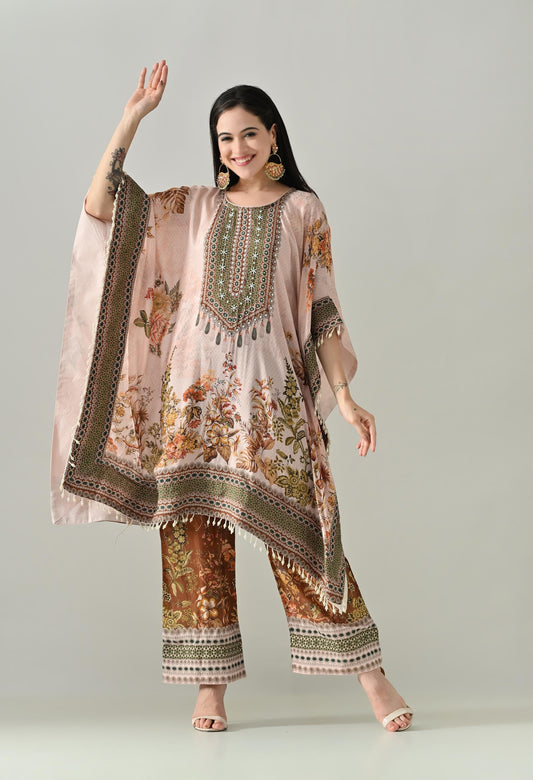 Muslin Digital Print Kaftan Set with Matching Pants  Size 42