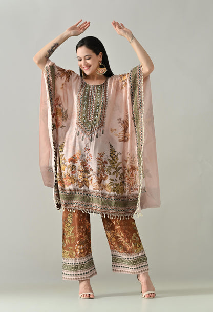 Muslin Digital Print Kaftan Set with Matching Pants  Size 42