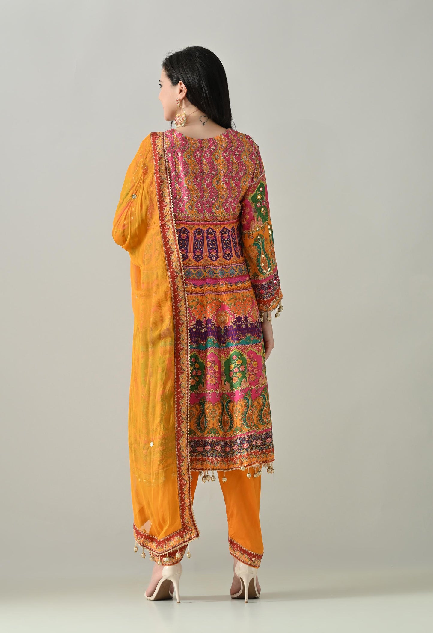 Bright Orange Suit with Tulip Pants & Dupatta  Size 40