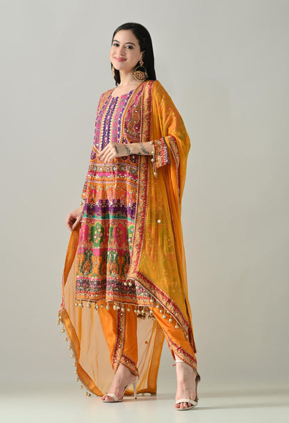 Bright Orange Suit with Tulip Pants & Dupatta  Size 40
