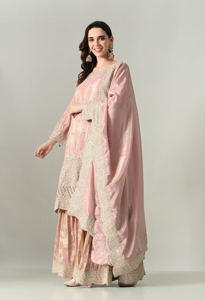 Dusty Pink Silk Suit with Handwork Cutwork & Brocade Sharara