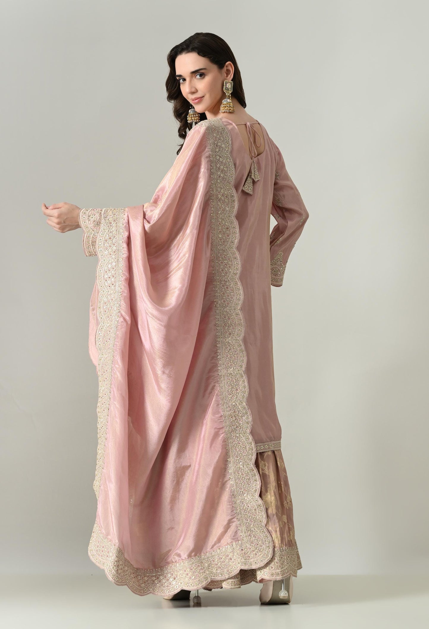 Dusty Pink Silk Suit with Handwork Cutwork & Brocade Sharara