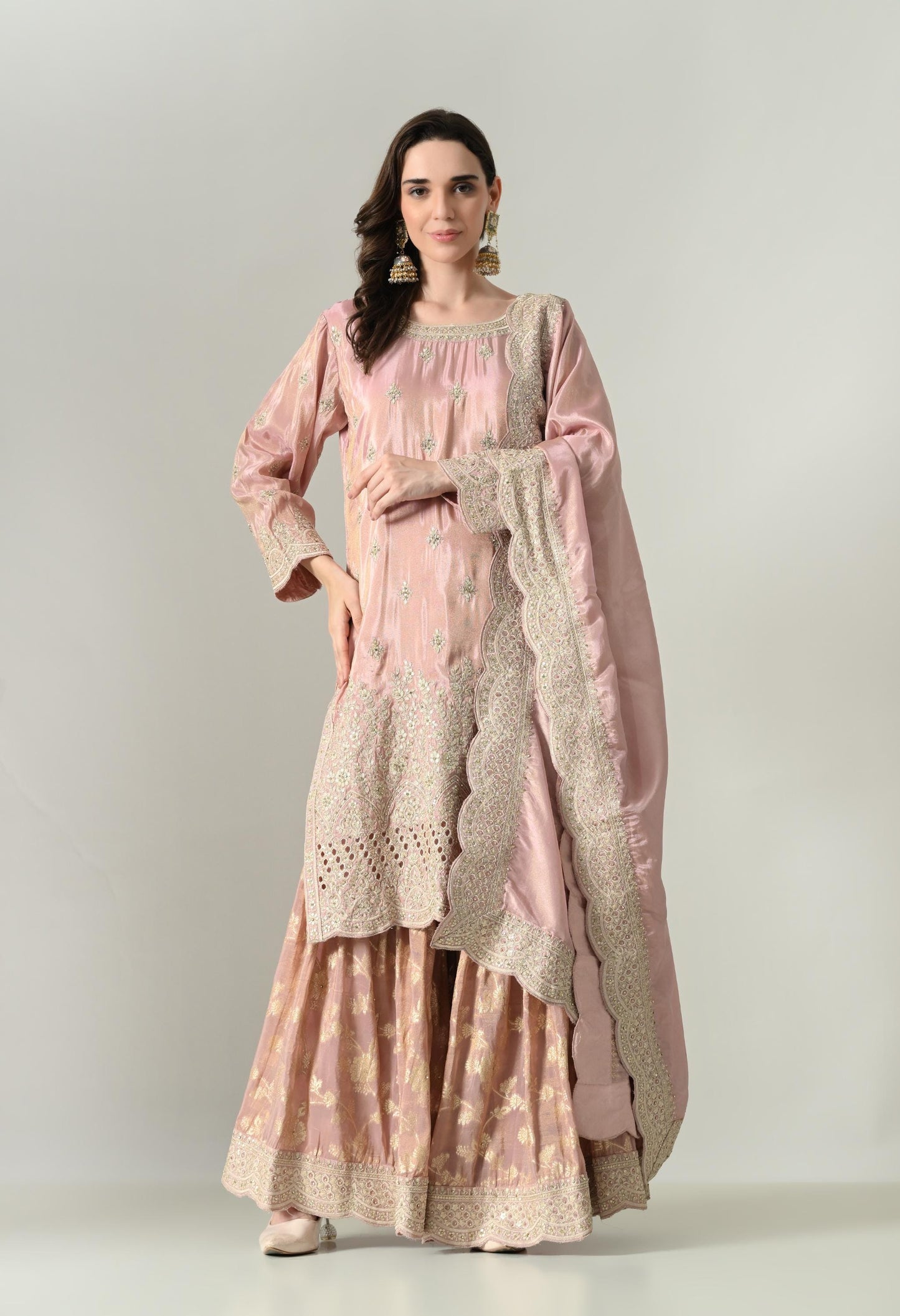 Dusty Pink Silk Suit with Handwork Cutwork & Brocade Sharara