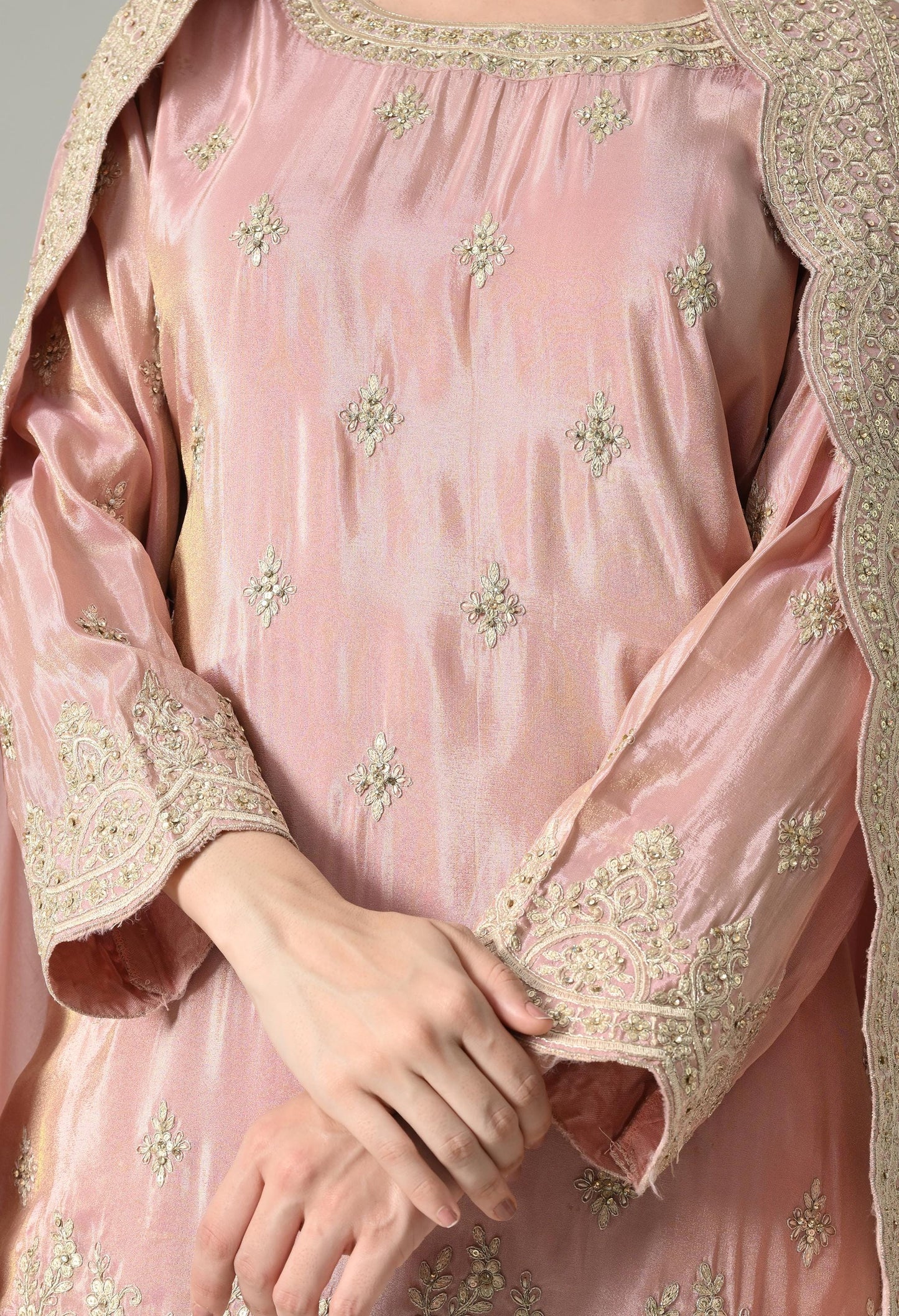 Dusty Pink Silk Suit with Handwork Cutwork & Brocade Sharara
