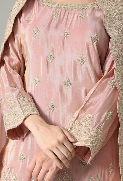 Dusty Pink Silk Suit with Handwork Cutwork & Brocade Sharara