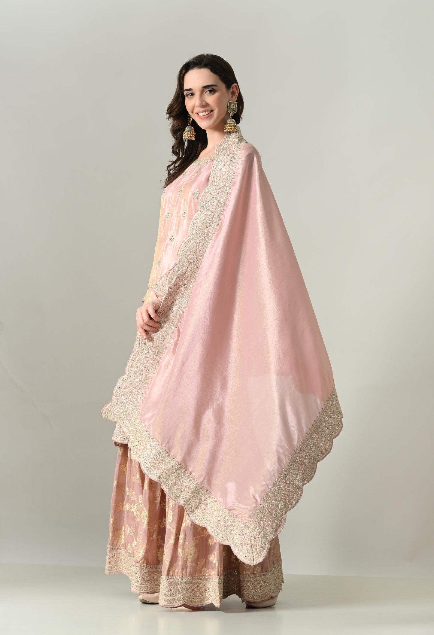 Dusty Pink Silk Suit with Handwork Cutwork & Brocade Sharara