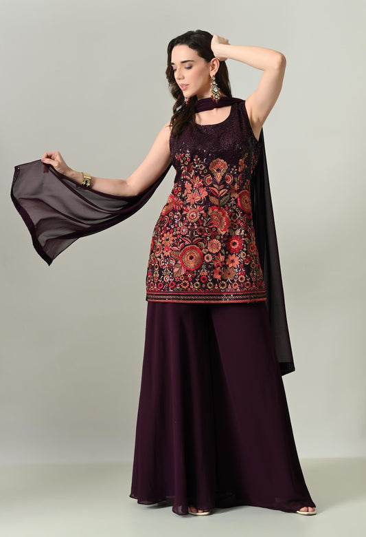 Glamour in Wine: Sequin Statement Georgette Plazo Suit | XL Size | Party Wear Ethnic Set