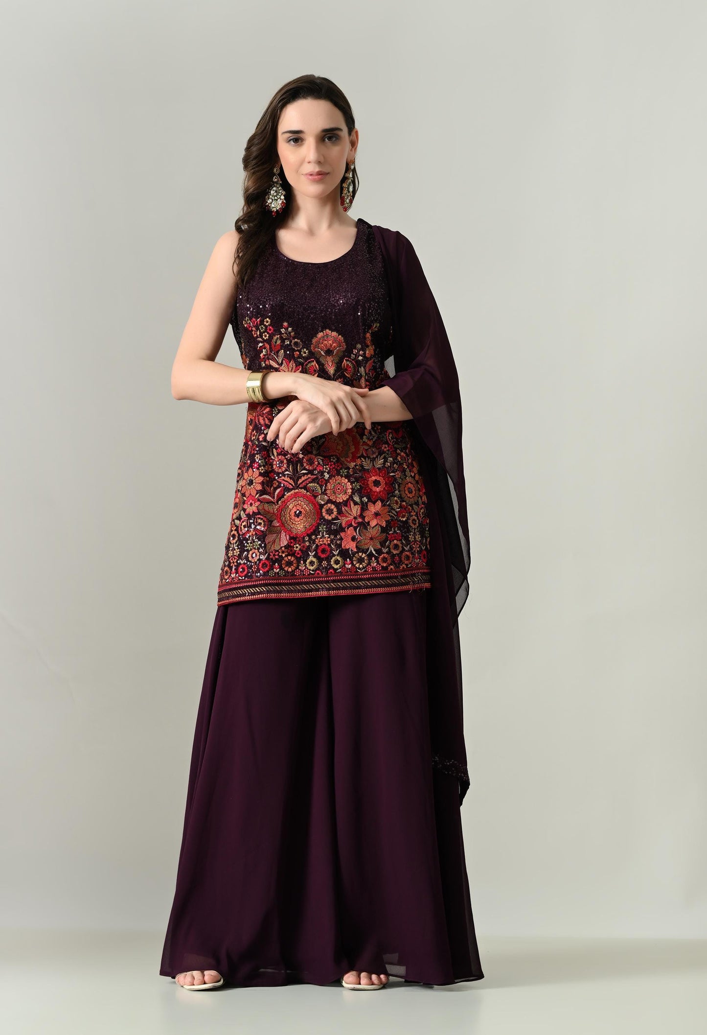 Glamour in Wine: Sequin Statement Georgette Plazo Suit | XL Size | Party Wear Ethnic Set