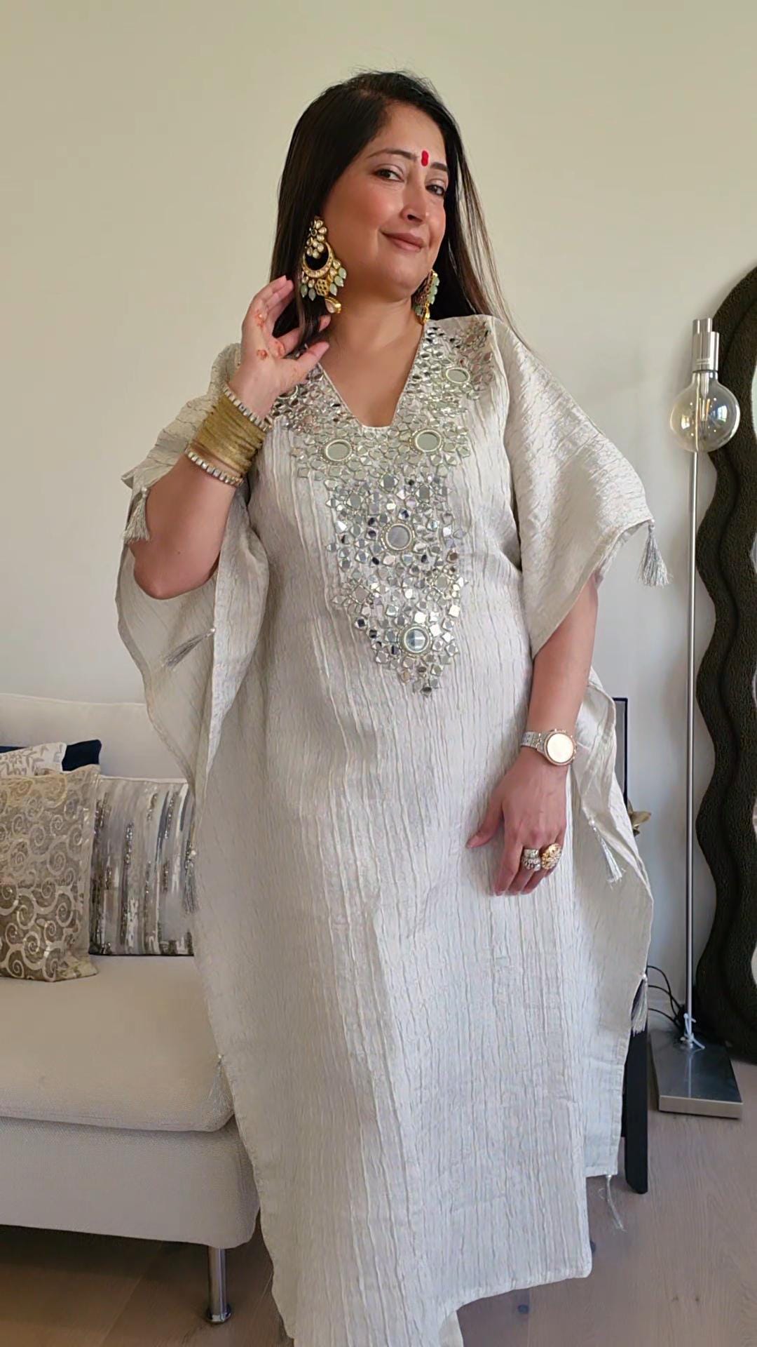 Ivory Gold Crush tissue Kaftan with Real Mirror Work