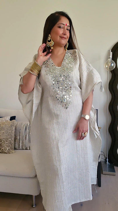 Ivory Gold Crush tissue Kaftan with Real Mirror Work