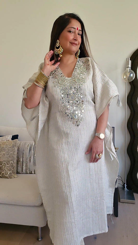 Ivory Gold Crush tissue Kaftan with Real Mirror Work