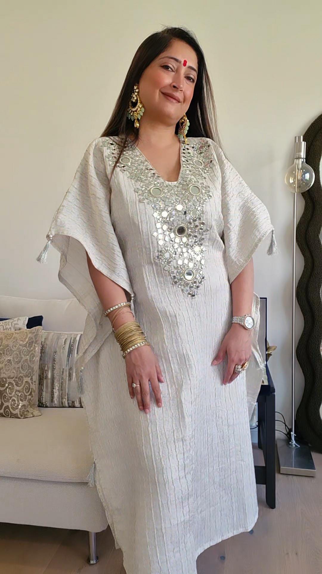 Ivory Gold Crush tissue Kaftan with Real Mirror Work
