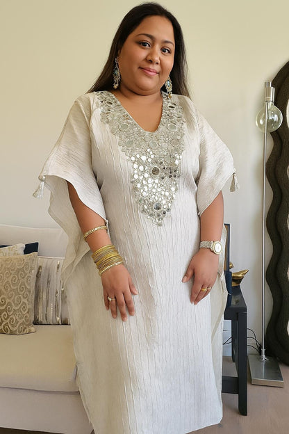 Ivory Gold Crush tissue Kaftan with Real Mirror Work