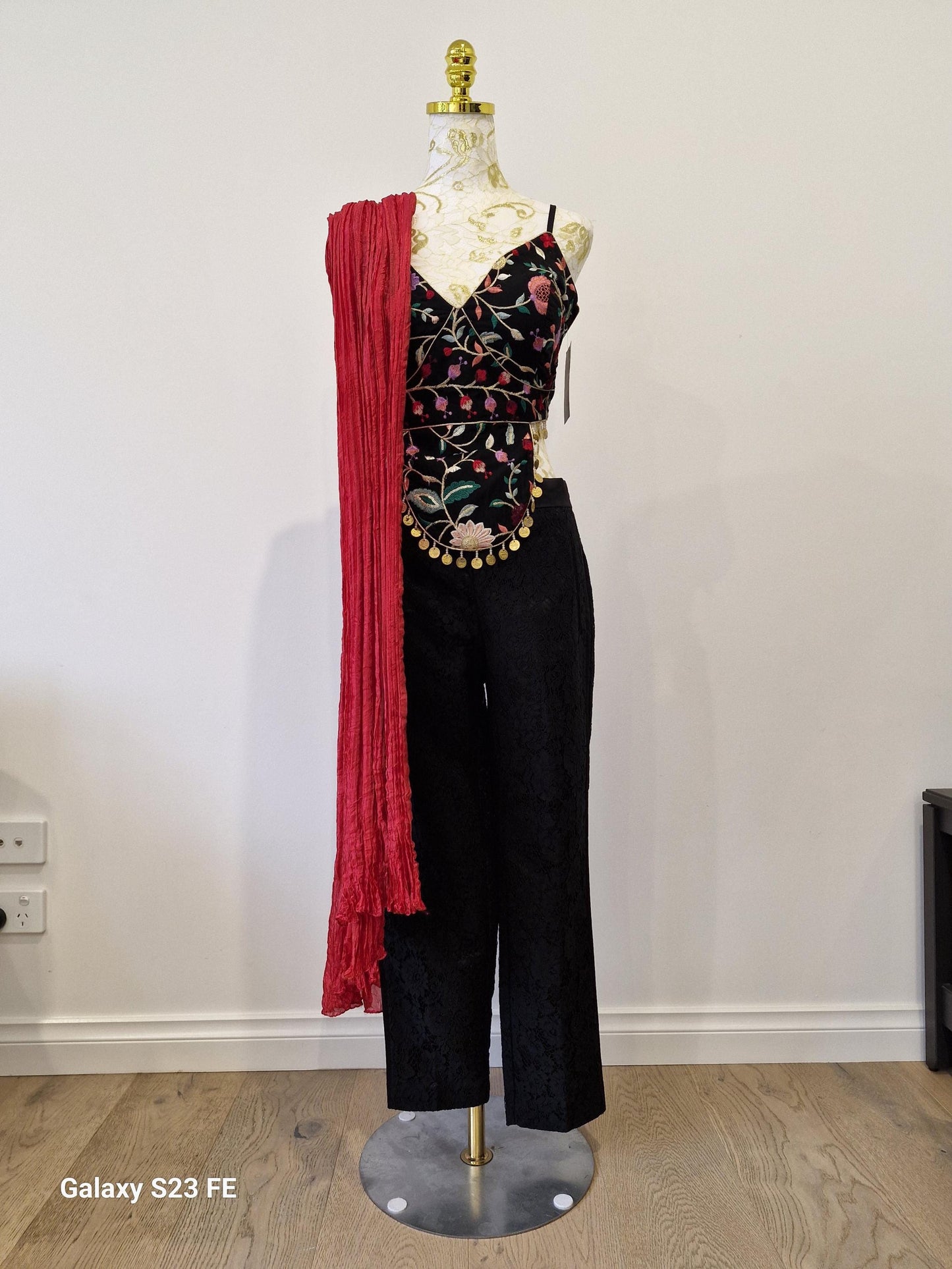 Handcrafted Multi-Embroidered top with Pants And Silk Red Dupatta (Size 38)
