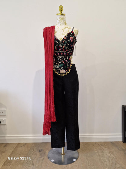 Handcrafted Multi-Embroidered top with Pants And Silk Red Dupatta (Size 38)