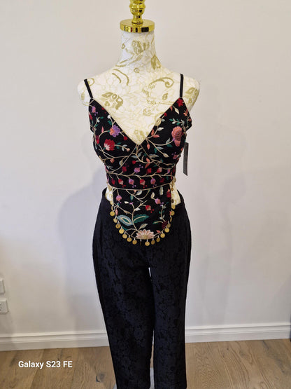 Handcrafted Multi-Embroidered top with Pants And Silk Red Dupatta (Size 38)