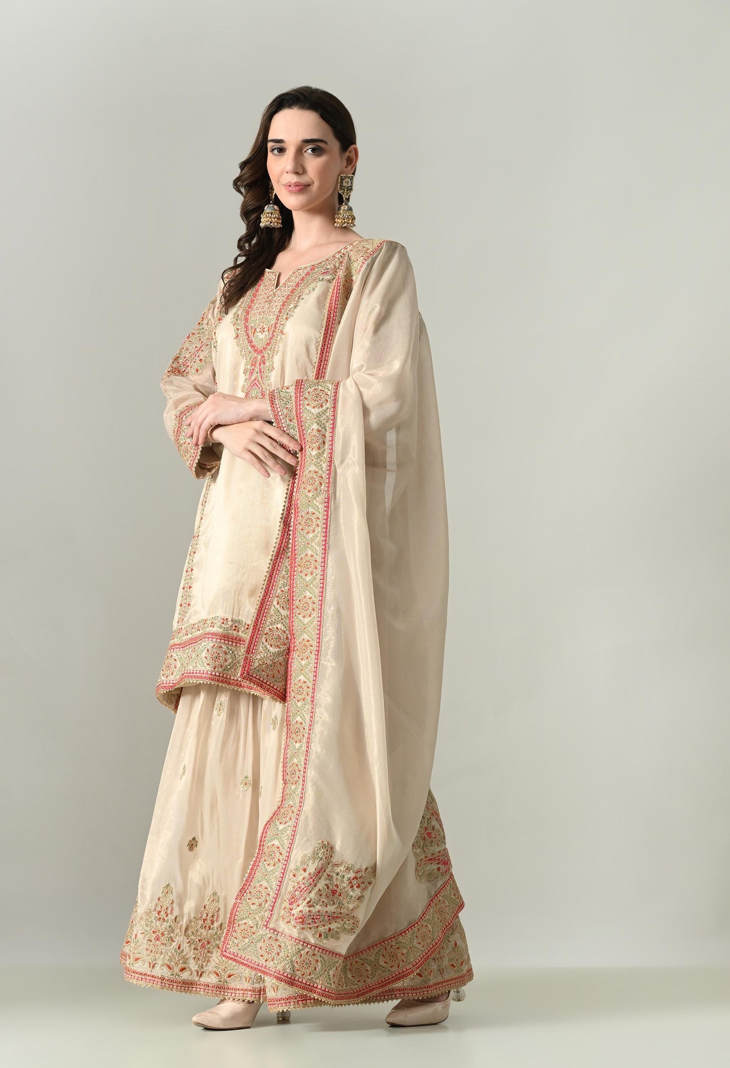 Golden Ivory Tissue Silk Embroidered Suit with Sharara & Dupatta | Size 44
