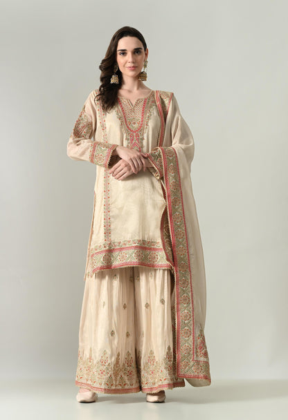 Golden Ivory Tissue Silk Embroidered Suit with Sharara & Dupatta | Size 44