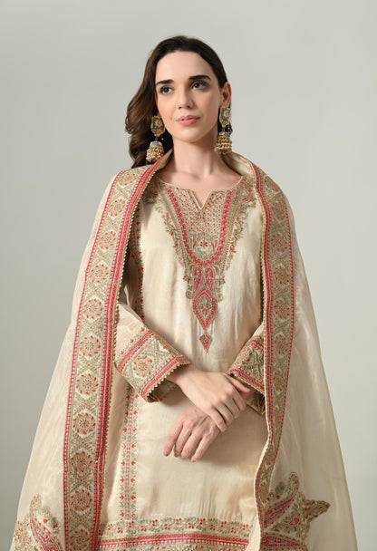 Golden Ivory Tissue Silk Embroidered Suit with Sharara & Dupatta | Size 44