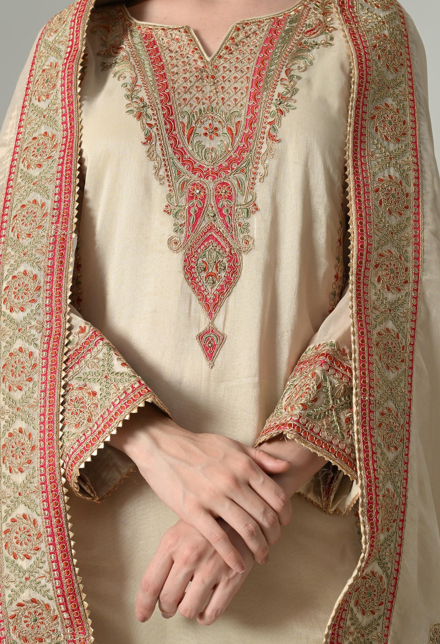 Golden Ivory Tissue Silk Embroidered Suit with Sharara & Dupatta | Size 44