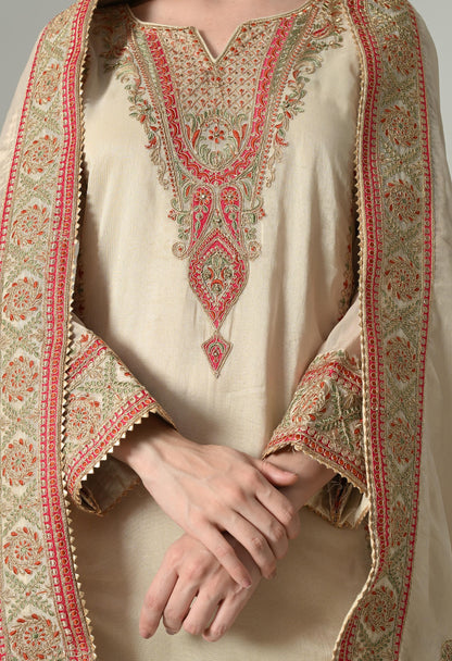 Golden Ivory Tissue Silk Embroidered Suit with Sharara & Dupatta | Size 44