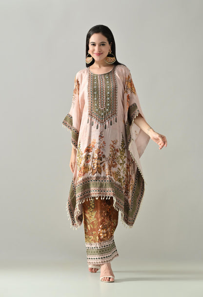 Muslin Digital Print Kaftan Set with Matching Pants  Size 42